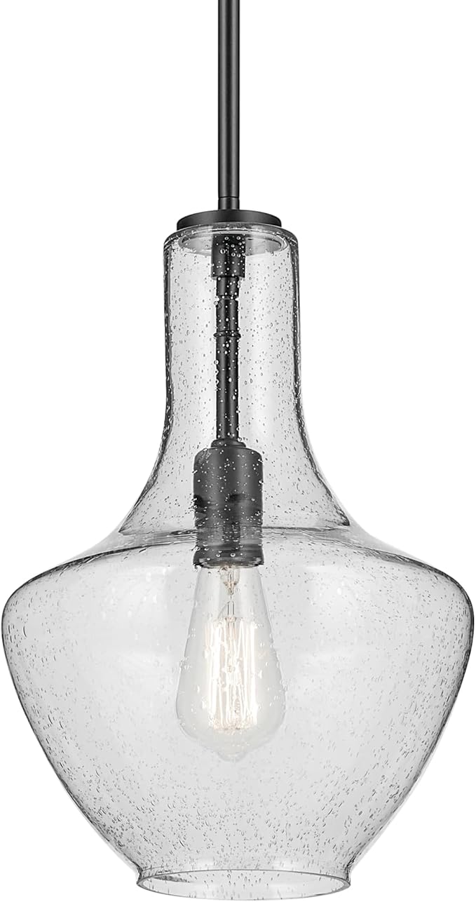 Kichler Everly 1-Light Bell Pendant Light Fixture with Clear Seeded Glass in Black for Kitchen Island, Dining Room, or Home Bar (15.25" x 10.5"), 42141BKCS