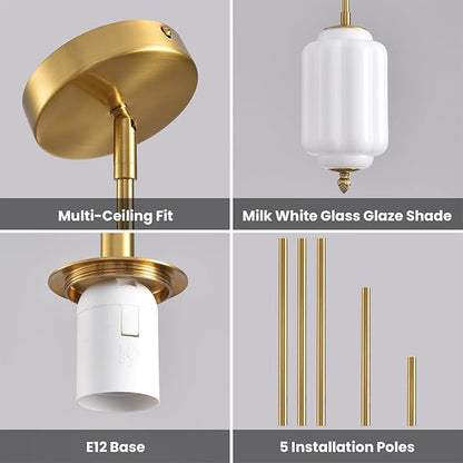 Vintage Milk Glass Pendant Lights 5.5 Inch Mid Century Brass Hanging Ceiling Light, Small Adjustable Height Kitchen Island Hanging Lights for Dining Room, Kitchen, Hallway and Bedroom, E12 Base