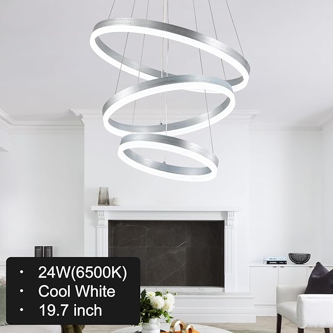 Buccleuch Dimmable 3-Ring LED Chandelier, Height Adjustable Modern Silver Pendant Light, ETL-Certified Flush Mount Acrylic Ceiling Light for Dining Room Living Room Bedroom Foyer, 6000K