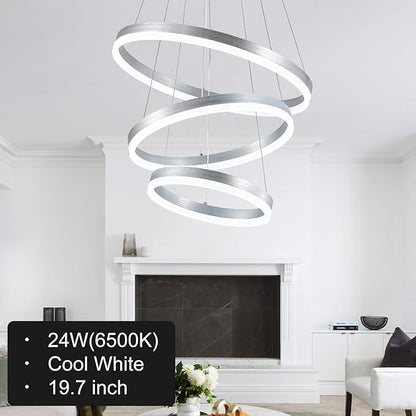 Buccleuch Dimmable 3-Ring LED Chandelier, Height Adjustable Modern Silver Pendant Light, ETL-Certified Flush Mount Acrylic Ceiling Light for Dining Room Living Room Bedroom Foyer, 6000K