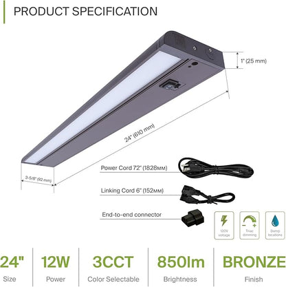 ASD Swivel LED Under Cabinet Lighting Plug in or Hardwired 24 Inch, Dimmable Under Cabinet Lights with High/Low/Off Switch, 3CCT 2700K-4000K, Linkable Under Counter Lights for Kitchen, Bronze, ETL