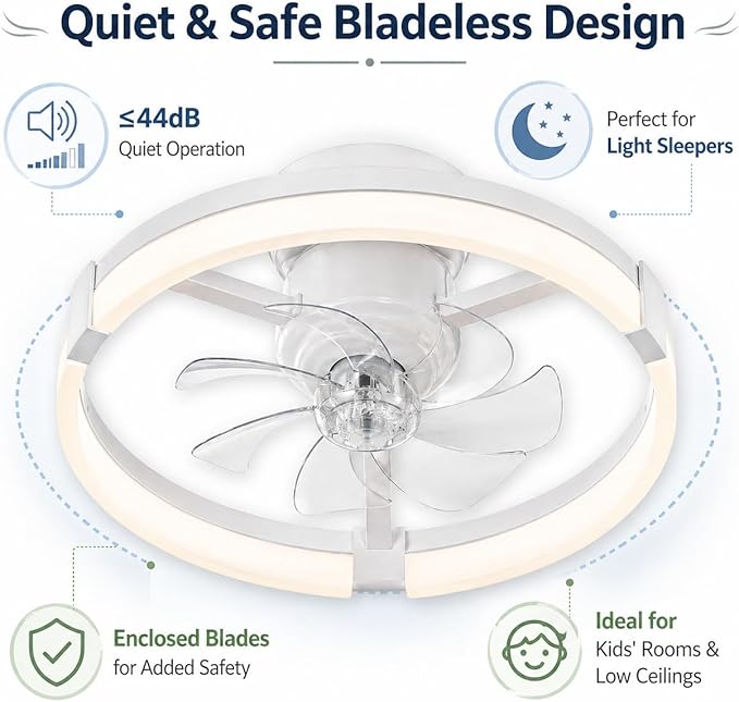 23" Low Profile Ceiling Fan with Lights and Remote, Modern White Flush Mount Bladeless Ceiling Fan, App Control Smart Fandelier, 6 Speeds Reversible Motor, Dimmable LED Fan Light for Bedroom, Kitchen