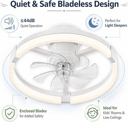 23" Low Profile Ceiling Fan with Lights and Remote, Modern White Flush Mount Bladeless Ceiling Fan, App Control Smart Fandelier, 6 Speeds Reversible Motor, Dimmable LED Fan Light for Bedroom, Kitchen