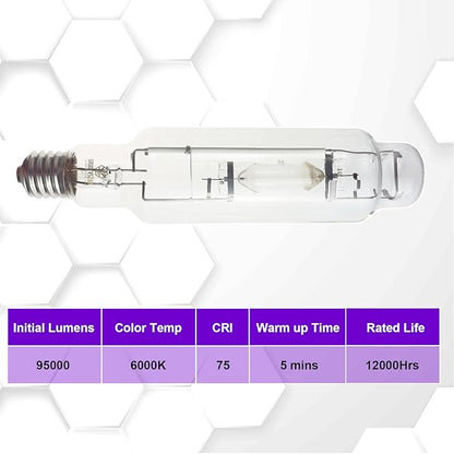 Metal Halide 1000W E39 6000K MH 1000 Watts Grow Light Bulb 1450μmol High PAR 95000 Lumens 40% Rich Blue and Violet Spectrums for Veg Growth Resin Boost Hydroponic Horticulture 2-Pack