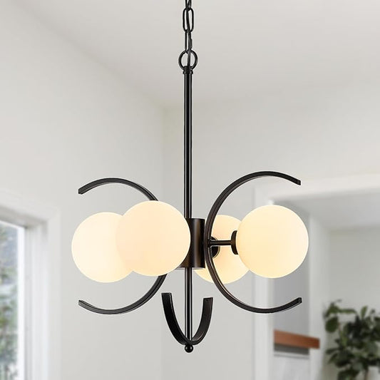 4-Light Modern Sputnik Chandelier L16.5”Small Mid Century Milk Glass Globe Ceiling Pendant Lighting Black Industrial Chandeliers for Entryway Hallway Dining Room Kitchen