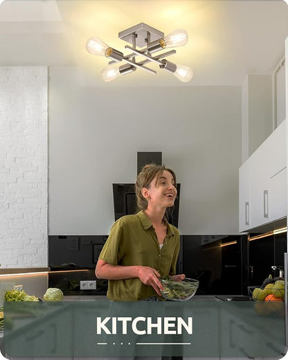 Industrial 4-Light Semi Flush Mount Ceiling Light Fixture, Modern Brushed Nickel Chandelier Lighting, Farmhouse E26 Base Sputnik Ceiling Lamp for Kitchen Bedroom Living Room Hallway