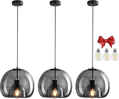 9.1in Large Smoke Glass Pendant Light for Kitchen Island, 3-Pack with Extra 3 LED Bulbs & 4.92ft Adjustable Cord | Modern Minimalist Lighting for Dining Room, Living Room, Entryway