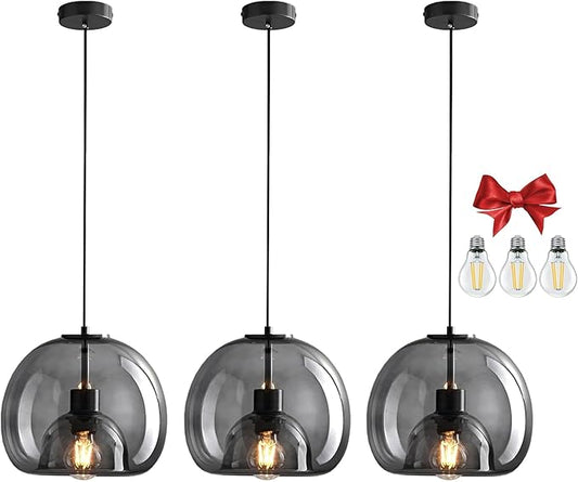 9.1in Large Smoke Glass Pendant Light for Kitchen Island, 3-Pack with Extra 3 LED Bulbs & 4.92ft Adjustable Cord | Modern Minimalist Lighting for Dining Room, Living Room, Entryway