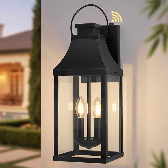 tewei Dusk to Dawn Outdoor Lighting Fixture, 20'' Large Porch Lights Outdoor Sconce Lights, 2-Light Black Exterior Lights for House Waterproof Outside Patio Lanterns for House Garage, 1-Pack