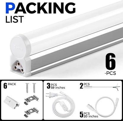 Barrina 6 Pack LED T5 Integrated Single Fixture 1FT, 600lm, 5W, 6500K, Linkable Under Cabinet Lighting, Shop Light for Workbench, Room, Kitchen Tube Light, Garage, Corded Electric with ON/Off Switch