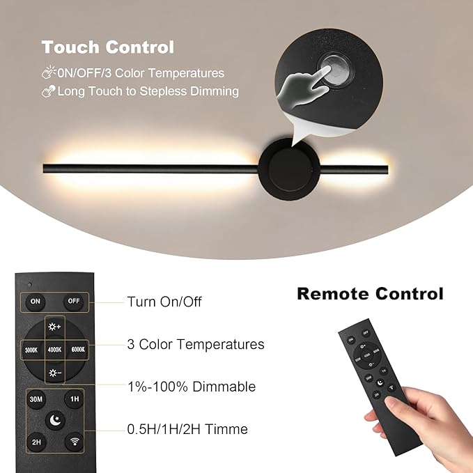 Rechargeable Wall Sconce Lights with Remote, Battery Operated Wall Lights 3 Color Temperature, Dimmable Wireless Wall Lamp Black 70CM for Living Room Bedroom Hallway 2 Pack