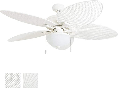 Honeywell Ceiling Fans Inland Breeze, 52 Inch Tropical Indoor Outdoor Ceiling Fan with Light, Pull Chain, Three Mount Options, Weather Resistant Blades - 50511-01 (White)
