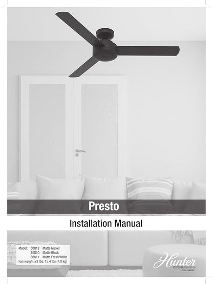 Hunter 52 inch Indoor Ceiling Fan No Light - Modern Ceiling Fan without Light, 3 Blades, Standard Mount, For Bedroom, Living Room, or Kitchen, Wall Control - Presto 50812, Matte Nickel