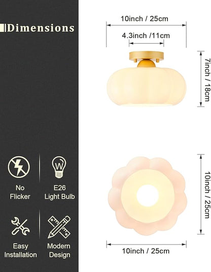 Vintage Semi Flush Mount Ceiling Light,Mid Century Modern Ceiling Lights,10 Inch Milk White Glass Shade with a Gold Base,for Bedroom,Kitchen,Hallway,Entryway