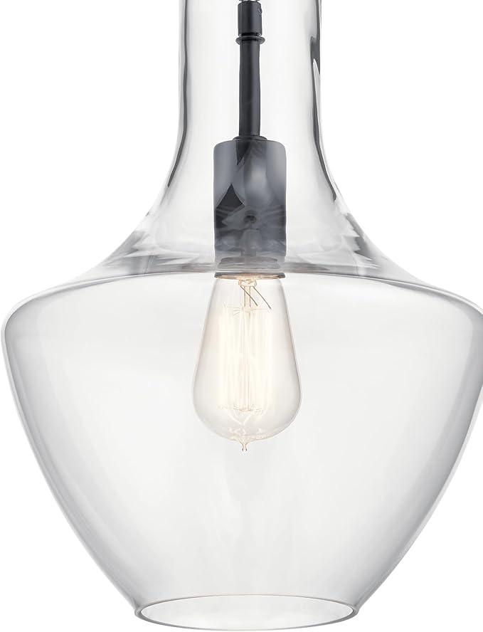 Kichler Everly 1-Light Pendant Light Fixture with Clear Glass Bell Shade in Black Finish for Kitchen Island, Dining Room, Living Room (15.25" x 10.5"), 42141BK