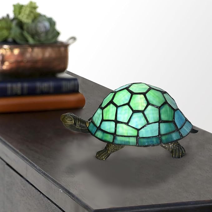 A0019 Tiffany Style Turtle Table Lamp, Handmade Stained Glass Tortoise Animal Night Light, Vintage Accent Desk Lamp for Bedroom Bedside Living Room Home Decor, LED Bulb Included (Green)