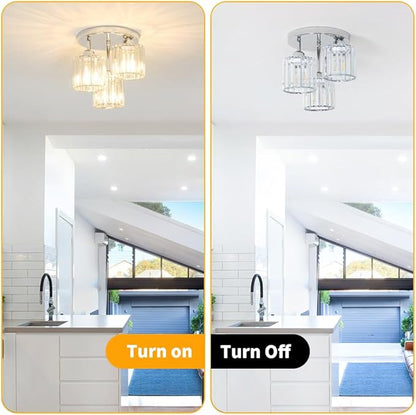 Lxybcce Crystal Ceiling Light Fixture, Chrome Semi Flush Mount Ceiling Light Fixture, 3-Light Hallway Lighting with Clear Crystal Shades for Kitchen Entryway Bedroom Bathroom Foyer, E26