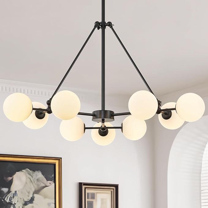 CATINER L40” Black Sputnik Chandeliers 9-Lights Mid Century Chandelier Modern Ceiling Pendant Light Fixtures with Milk Glass Globe Shades for Living Dining Room Foyer Entryway Kitchen Bedroom