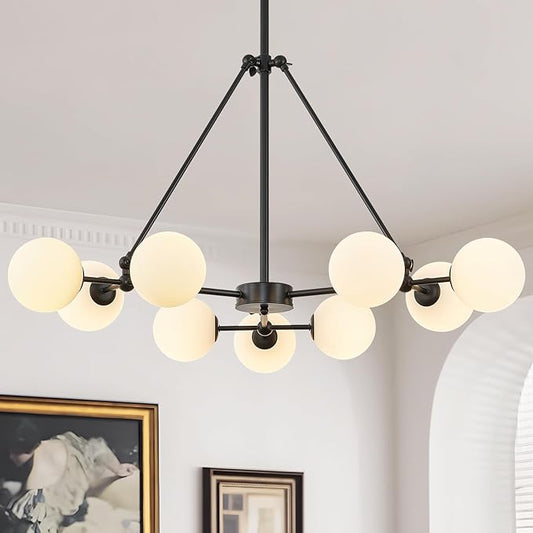 CATINER L40” Black Sputnik Chandeliers 9-Lights Mid Century Chandelier Modern Ceiling Pendant Light Fixtures with Milk Glass Globe Shades for Living Dining Room Foyer Entryway Kitchen Bedroom