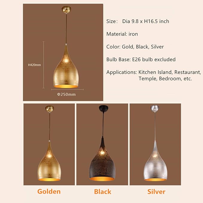 Vintage Chandelier, Turkish Lamp Moroccan Etching Pendant Light, Industrial Porous Arabic Ceiling Light Fixture Pendant Lighting for Kitchen Island Restaurant Hallway Foyer (Gold)