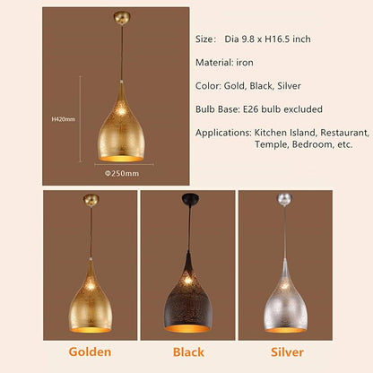 Vintage Chandelier, Turkish Lamp Moroccan Etching Pendant Light, Industrial Porous Arabic Ceiling Light Fixture Pendant Lighting for Kitchen Island Restaurant Hallway Foyer (Gold)