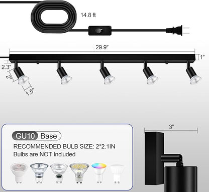 Plug-in Track Lighting, LED Track Lighting Fixtures Ceiling Kit, 30" Black Plug in Wall Light with 14.8ft Cord, 5-Light Ceiling Spotlight,Rotatable Kitchen Light Head for Bedroom Hallway(GU10,NO Bulb)