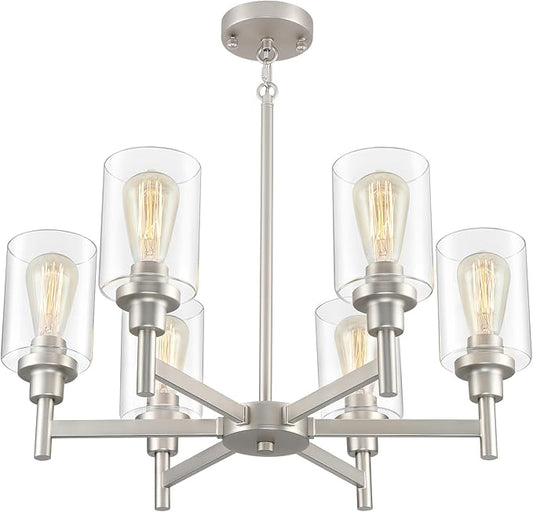 Brushed Nickel Chandelier | 6 Lights Farmhouse Chandeliers for Dining Room Light Fixtures Over Table | Hallway Lighting with Clear Glass Shade for Living Room | Kitchen | Entryway | Bedroom | Bathroom