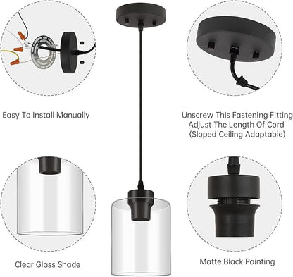 BoostArea Modern Pendant Light Fixtures, Industrial Hanging Ceiling Lamp with Clear Glass Shade, Farmhouse Black Pendant Lighting for Kitchen Island Decor Living Room Hallway Bedroom Dining Hall Bar