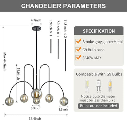Modern Black Sputnik Chandelier 6-Light Mid Century Chandelier for Dining Room with Smoke Gray Glass Globe Ceiling Pendent Light Fixture for Living Room Kitchen Island Foyer Bedroom