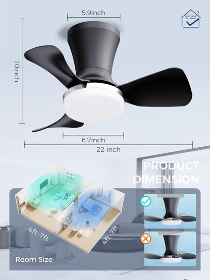 LANMEL Ceiling Fan with Light, Modern Flush Mount Low Profile with Remote Control, Reversible, 3CCT Dimmable, Quiet,LED for Bedroom, Living Room, Indoor/Outdoor Patio Use 22 Inch Silver & Black