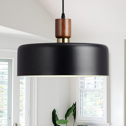 Modern Solid Wood Pendant Lights,13.8" Large Hammered Vintage Chandeliers,Black Finish Hanging Lighting Lamp,Industrial Drum Ceiling Light Fixtures for Dining Room,Kitchen Island, Farmhouse