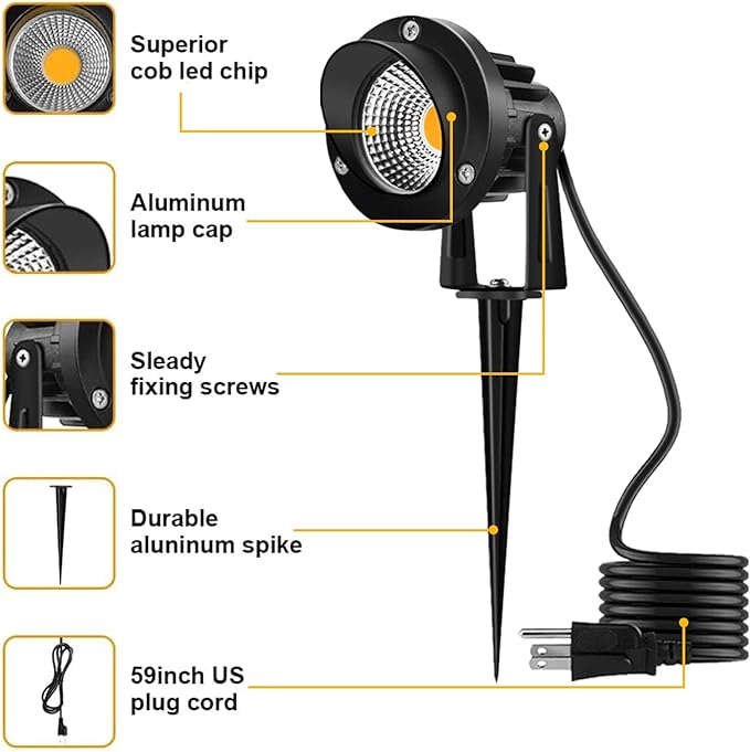 Romwish LED Landscape Spotlight 10W, Outdoor Landscape Lighting 120V Plug-in, 1100LM Waterproof LED Landscape Lights, Landscape Spot Lights for Yard, Garden, Tree, Driveway, 3000K Warm White-6 Pack