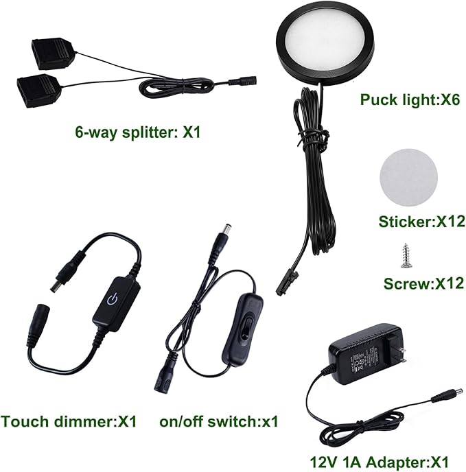 AIBOO Under Cabinet LED Black Cover Puck Lighting Kit with Touch Dimmer Switch for Kitchen Cupboard Closet Lighting (6 Lights,Warm White)