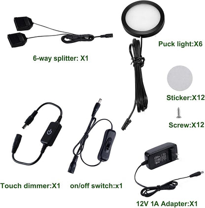AIBOO Under Cabinet LED Black Cover Puck Lighting Kit with Touch Dimmer Switch for Kitchen Cupboard Closet Lighting (6 Lights,Warm White)