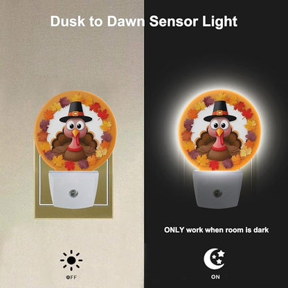 EKOBLA Autumn Turkey Plug-in Night Light, Fall Turkey & Maple Leaf LED Nightlight with Dusk to Dawn Sensor for Bedroom, Bathroom & Kitchen