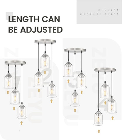 zeyu 3-Light Pendant Lighting, Adjustable Modern Cluster Pendant Light for Kitchen Island, Brushed Nickel Finish with Clear Glass Shade, ZSL104-3 BN