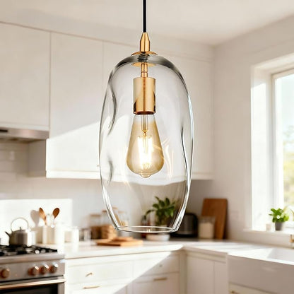 Gold Pendant Light Fixtures Adjustable Modern Kitchen Island Lighting Glass Organic Ceiling Hanging Light Fixtures for Bar, Counter, Patio, Over Sink, Dining Room,Table 12.5'' Height - Transparent