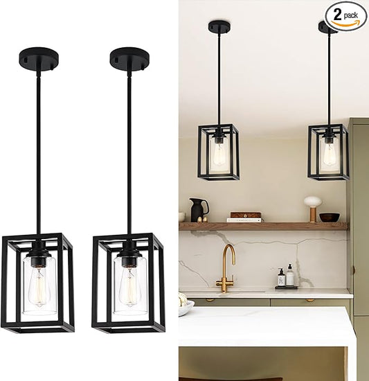 Matte Black Farmhouse Pendant Light Fixtures, Industrial Kitchen Island Light, Rectangle Linear Metal Hanging Lighting Fixture Ceiling Mount with Clear Glass Shade E26 Base for Dining Room, 2 Pack