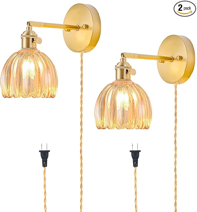 Plug in Wall Sconces Set of 2, Vintage Wall Sconce Light with Tulip Amber Glass Lampshade, Bedroom Wall Sconce with Switch and Plug in wall lamp Cord, Gold Wall Light Wall Decor Set of 2