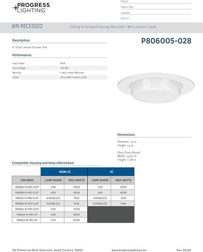 Progress Lighting P806005-028 6" Recessed Drop Lensed Shower Trim with Frosted Glass Diffuser Satin White for 6 in. Housing (P806N Series)
