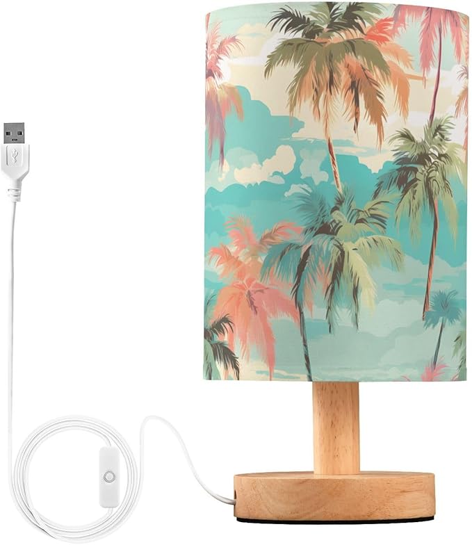 Bedside Table Lamp Palm Trees Colorful Nightstand Lamp with Wood Desk Lamps for Bedroom Living Room Nursery Office Home Decor