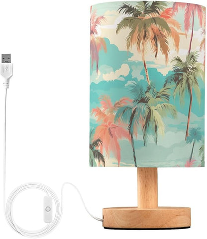 Bedside Table Lamp Palm Trees Colorful Nightstand Lamp with Wood Desk Lamps for Bedroom Living Room Nursery Office Home Decor