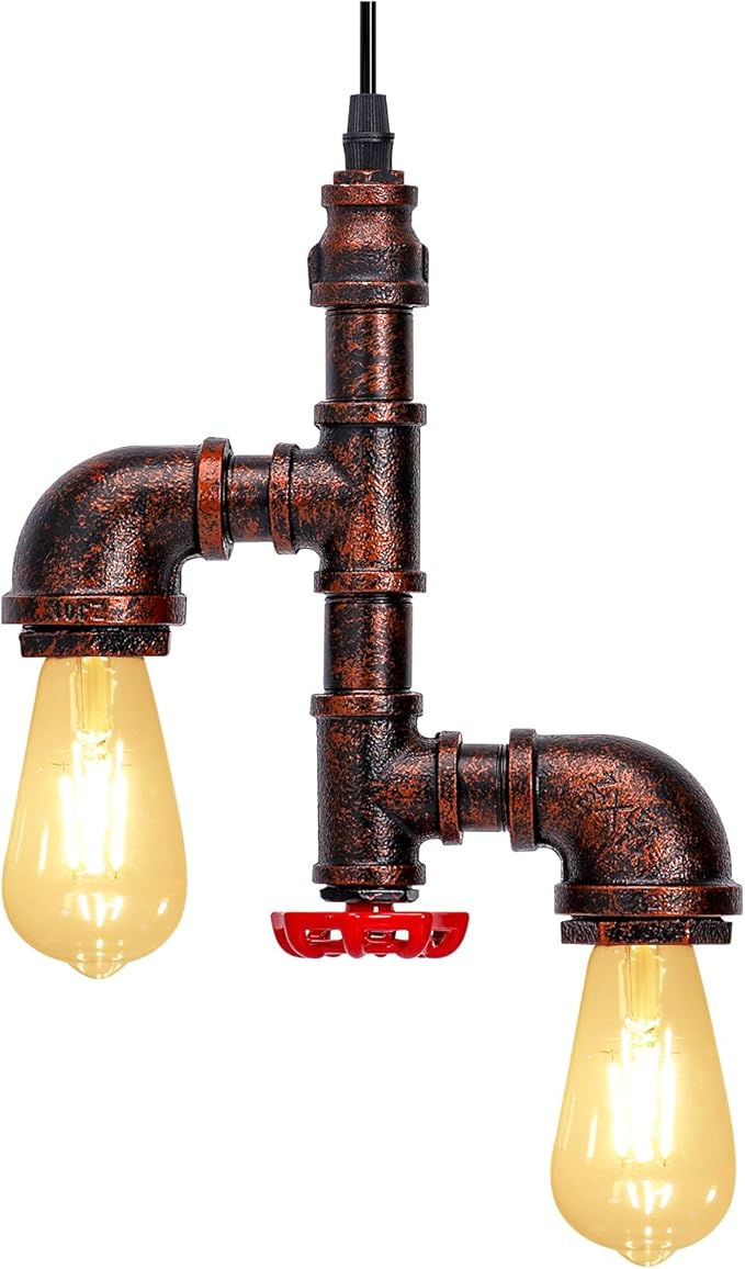 Kawell Vintage Pendant Light Fixtures Industrial Retro Ceiling Chandelier Creative Water Pipe Hanging Light Fixtures Art Deco Iron E26 60W Max for Bedroom Cafe Bar Restaurant Kitchen, Rust Color