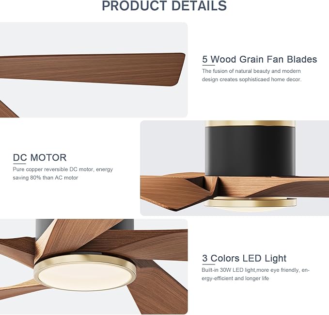 TXCSLY 52'' Ceiling Fans with Lights, Modern Ceiling Fan with Remote Control, Indoor Outdoor Ceiling Fan for Living Room,Bedroom 5 Blade 3 Color Tempearture (Walnut)