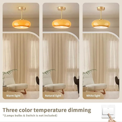 Brass Modern Hallway Ceiling Light - Orange Glass Ceiling Lamp with Dome Shade, Gold Mid Century Semi Flush Mount, Bedroom Entrance Light Fixture