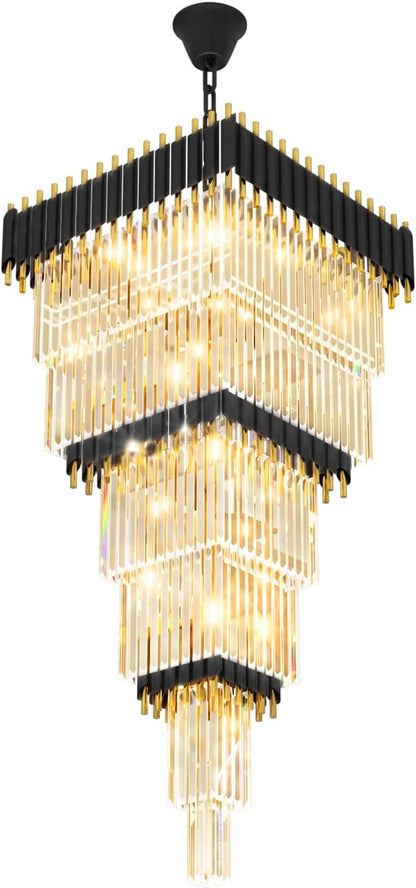 W24 x H80 Large Black Gold Chandeliers for High Ceiling, 15-Light Square Tiered K9 Crystal Raindrop Chandelier, Adjustable Height Luxury Pendant Light for Staircase, Villa Foyer, Entryway