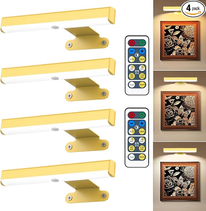 4Pack Wireless Picture Light with Remote,Battery Operated Wall Sconces for Wall Decor,3 Color Timer&Dimmable Paintings Light LED Art Display Lamp Picture Frame Light for Artwork Posters Gallery-Gold