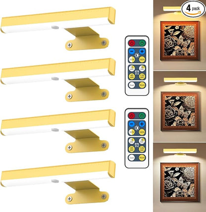 4Pack Wireless Picture Light with Remote,Battery Operated Wall Sconces for Wall Decor,3 Color Timer&Dimmable Paintings Light LED Art Display Lamp Picture Frame Light for Artwork Posters Gallery-Gold