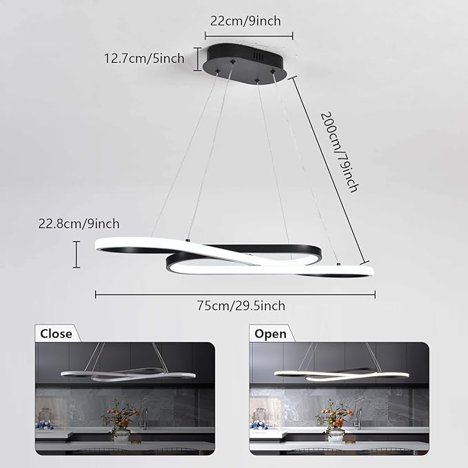 Led Pendant Light, Modern Chandelier,Dimmable Black Led Chandelier for Dining Room Light Fixture Over Table Modern Kitchen Island Lighting with Remote,Height Adjustable Ceiling Lamps