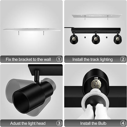 Plug-in Track Lighting LED, Track Light Fixtures Ceiling, Black Plug in Wall Lights with 14.8ft Cord, 3 Way Ceiling Spotlight for Kitchen, Rotatable Light Head for Bedroom Hallway(GU10 Socket,NO Bulb)